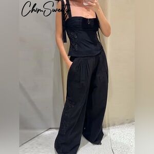 ZARA EYELET EMBROIDERED PLEATED PANTS